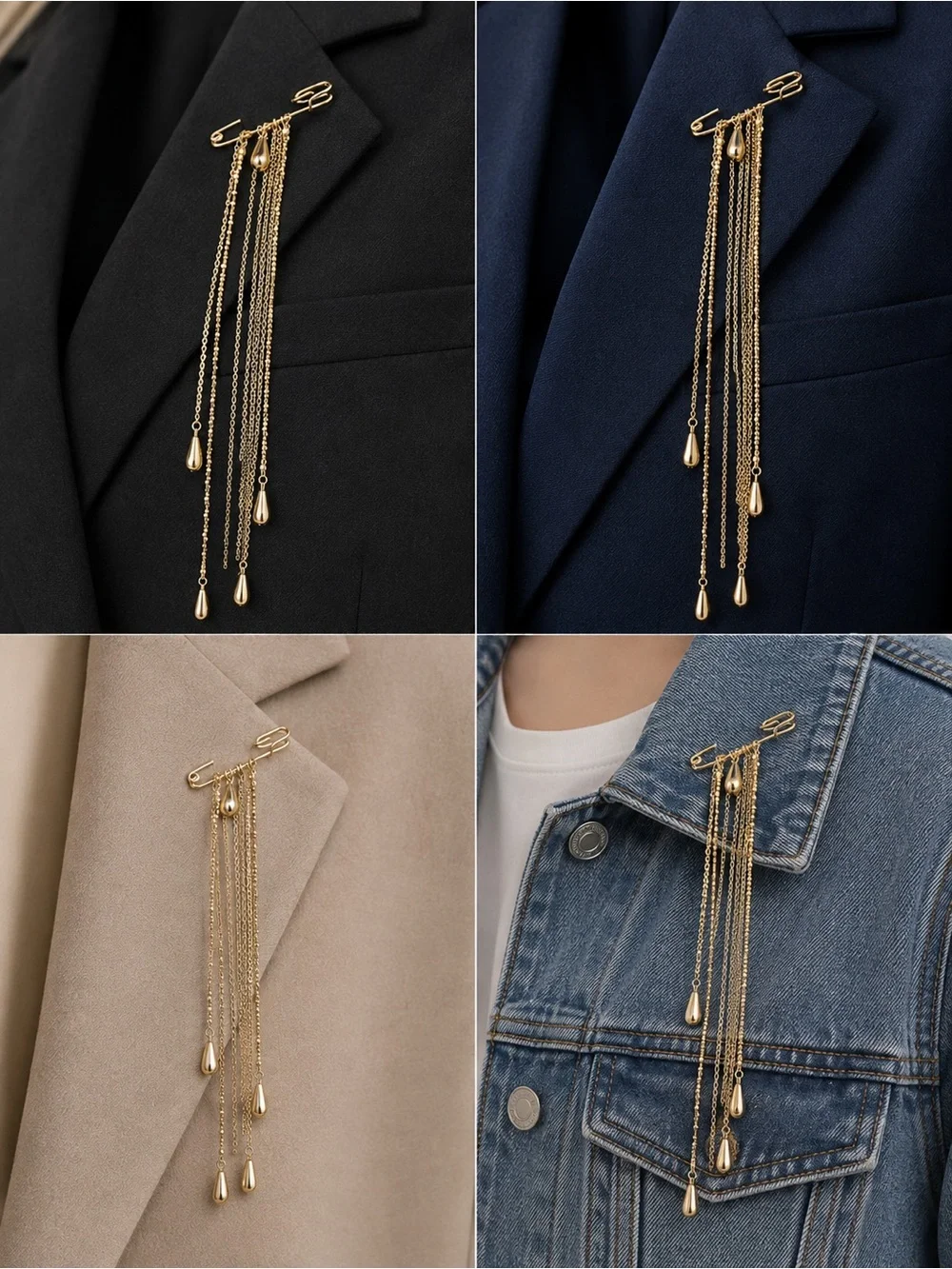 Gold Chain  Safety Pin Brooch womens jewelry